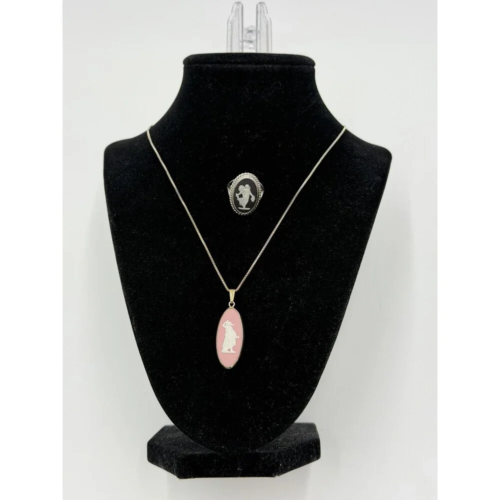 Wedgwood Jasperware Black & Pink Ring Necklace Jewelry Set 2 PCs - Picture 5 of 15